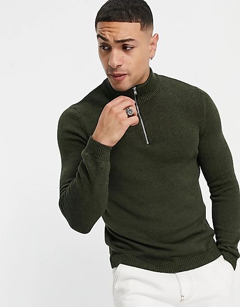 ASOS DESIGN – Mittelschwerer Pullover aus Baumwolle in Khaki mit kurzem Rei günstig online kaufen