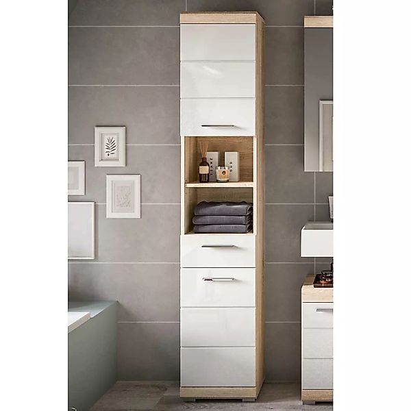 Badezimmerhochschrank modern in Weiß Hochglanz Sonoma-Eiche günstig online kaufen