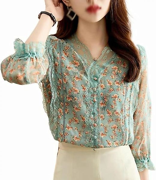 KIKI Langarmhemd Blumenhemd mit süßem und elegantem kleinem V-Ausschnitt günstig online kaufen