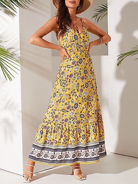 Yoins Yellow Hollow Design Tribal Print V-Ausschnitt Ärmellos Kleid günstig online kaufen