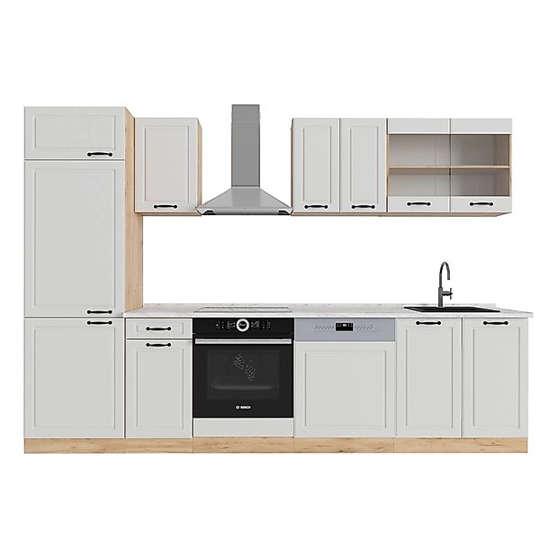 Vicco R-Line Küchenzeile Weiß Landhaus/Goldkraft Eiche 300 cm AP Marmor günstig online kaufen