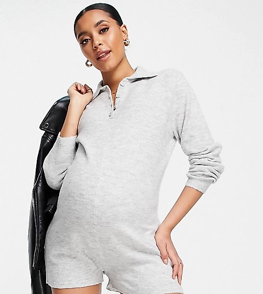 ASOS DESIGN Maternity – Jumpsuit aus Strick in Grau meliert mit Kragendetai günstig online kaufen