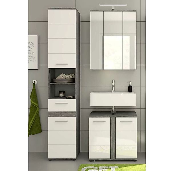 Gäste WC Möbel mit Spiegelschrank Weiß und Grau (dreiteilig) günstig online kaufen