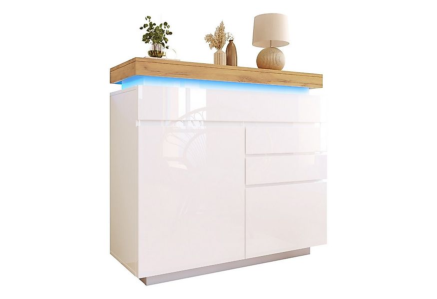 HAUSS SPOLE Sideboard Hochglanz Kommode mit 2 Türen, 3 Schubladen, LED Bele günstig online kaufen