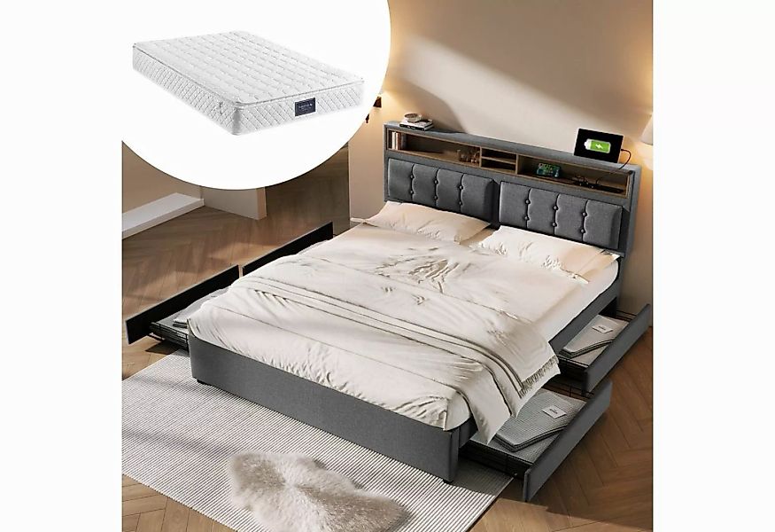 AUFUN Bettgestell Doppelbett mit 4 Schubladen USB C Steckdose, mit Verstell günstig online kaufen