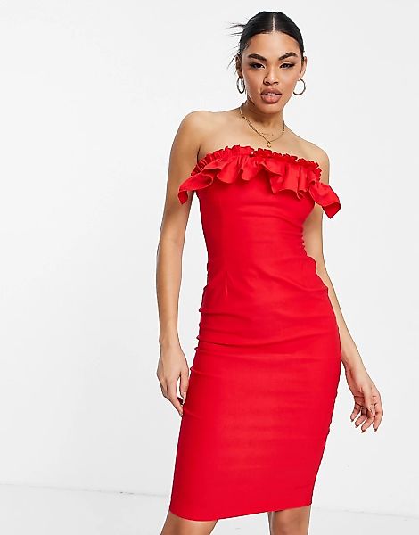 Vesper – Trägerloses Bodycon-Kleid in Rot mit Rüschenbesatz günstig online kaufen