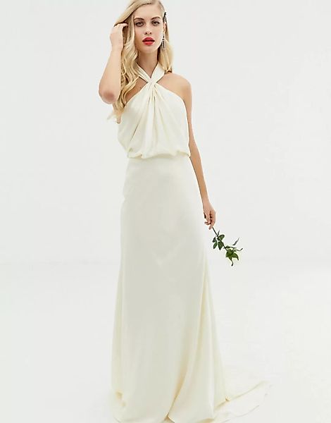 ASOS EDITION – Langes Hochzeitskleid mit gerafftem Neckholder-Weiß günstig online kaufen
