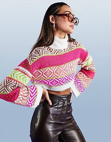 ASOS DESIGN – Kurz geschnittener Pullover mit verschiedenen Mustern-Mehrfar günstig online kaufen