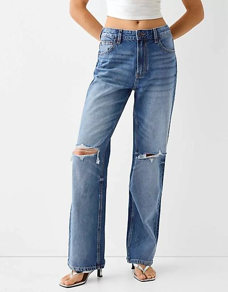 Bershka Wide Leg 90'S Jeans Mit Rissen Damen 34 Blau günstig online kaufen