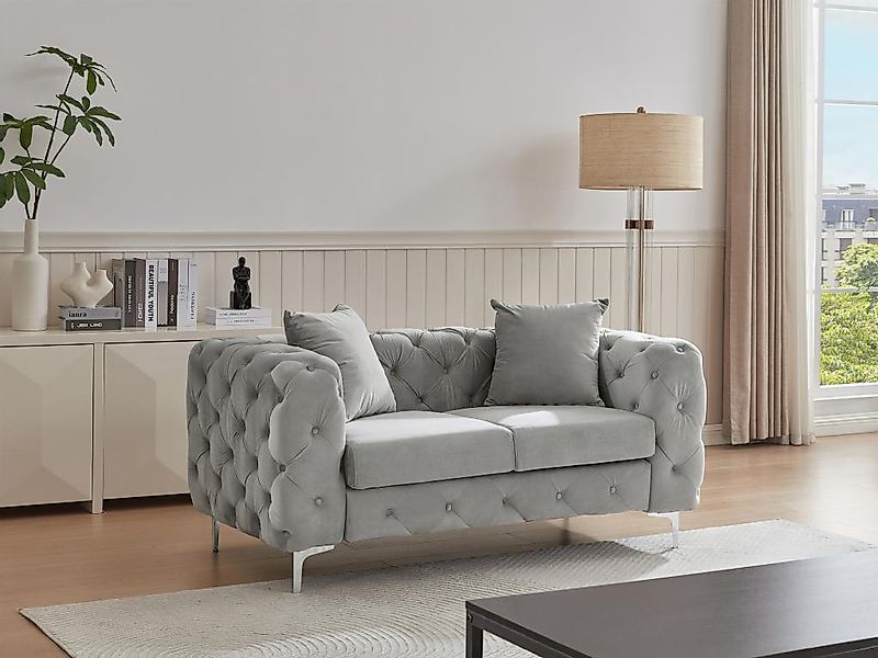 Chesterfield-Sofa 2-Sitzer - Samt - Hellgrau - EDWINA günstig online kaufen