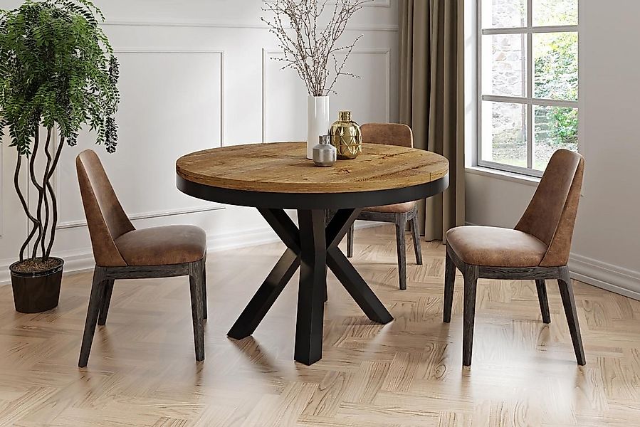 WFL GROUP Esstisch Clara im Loft-Stil rund ausziehbar mit schwarzen Metallb günstig online kaufen