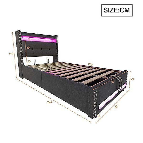 Flieks Polsterbett, LED Hydraulisches Stauraumbett Einzelbett 90x200cm mit günstig online kaufen