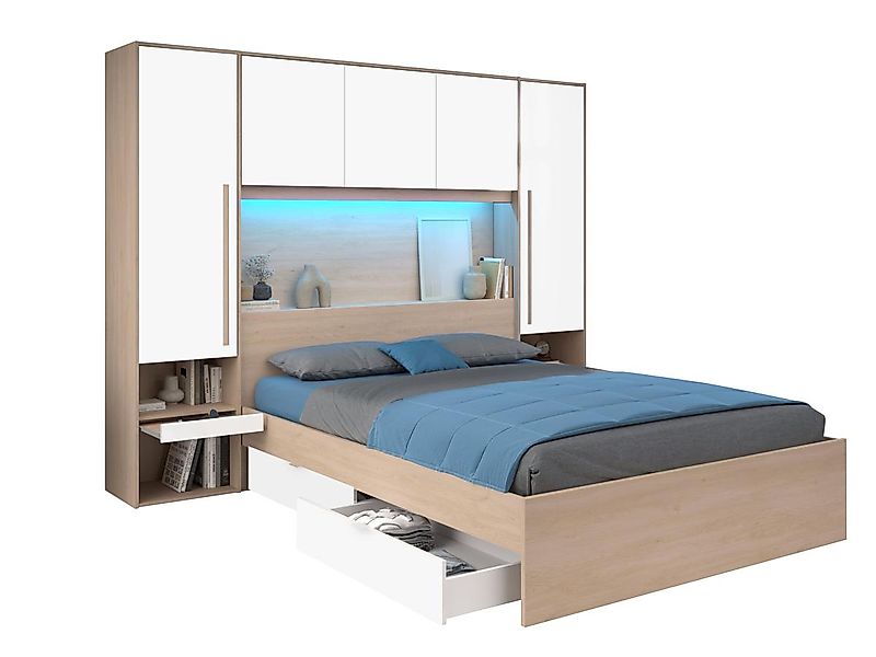 Bett mit Stauraum 160 x 200 cm mit LED-Beleuchtung - Holzfarben & glänzend günstig online kaufen