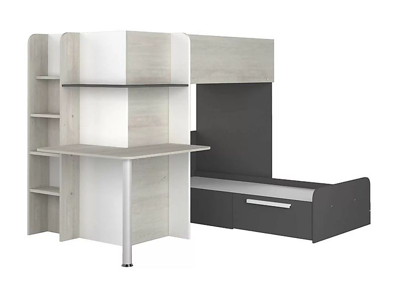 Eck-Hochbett - 2 x 90 x 190 cm -  mit Schreibtisch - Weiß, Schwarz & Grau - günstig online kaufen