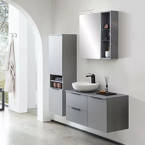 Badezimmermöbel Set 3-teilig mit Waschbecken und Spiegelschrank mit Beleuch günstig online kaufen