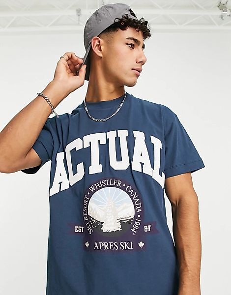 ASOS Actual – T-Shirt in Marineblau mit normalem Schnitt und Logo- und Graf günstig online kaufen