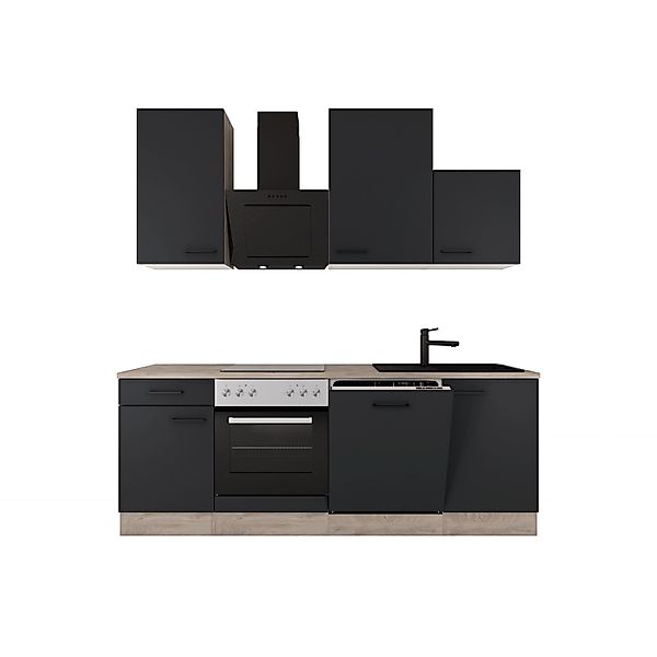 Flex-Well Exclusiv Küche 1701-017sWs Capri 220 cm Schwarz Matt-Endgrain Oak günstig online kaufen