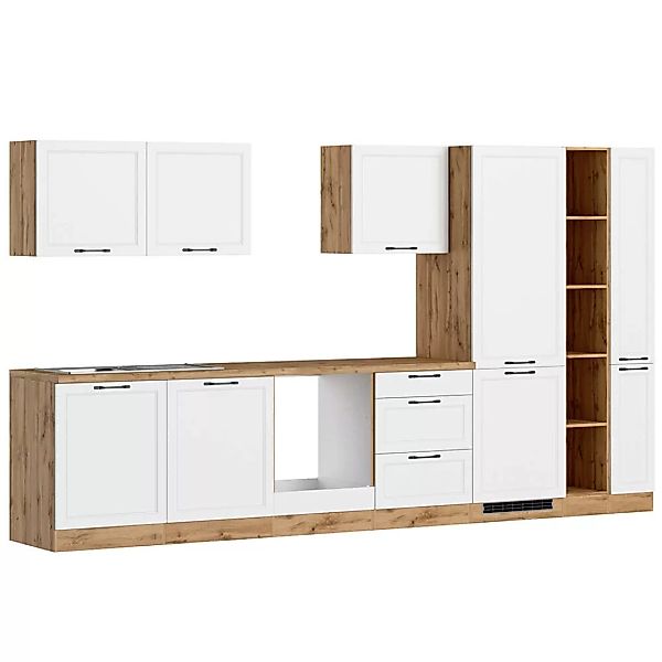 Küchenzeile 360 cm in weiß und Eiche, Arbeitsplatte in Eiche, MONTERREY-03 günstig online kaufen