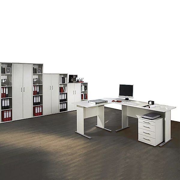 Büromöbel Set STETTIN-16 weiß, Eckschreibtisch mit Container, 3 Aktenschrän günstig online kaufen