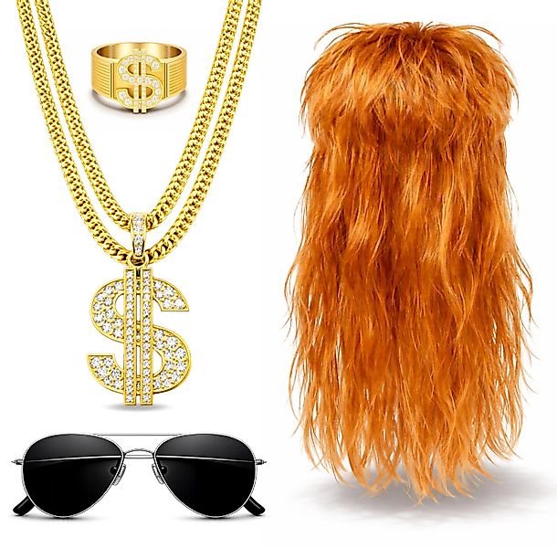 Kostümheld® Kostüm 4 in 1 Vokuhila Set mit Ring, Perücke, Goldkette, Brille günstig online kaufen