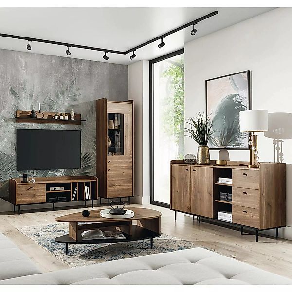 Wohnzimmer Möbel Set im Retro Look VAREDO-132 in Eiche Nb., Wohnwand inkl. günstig online kaufen