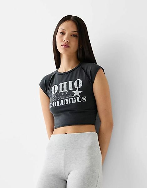 Bershka T-Shirt Mit Print Und Raglanärmeln Damen Xs Grau günstig online kaufen
