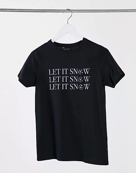 New Look – Schwarzes Weihnachts-T-Shirt mit Slogan „Let it snow“ günstig online kaufen