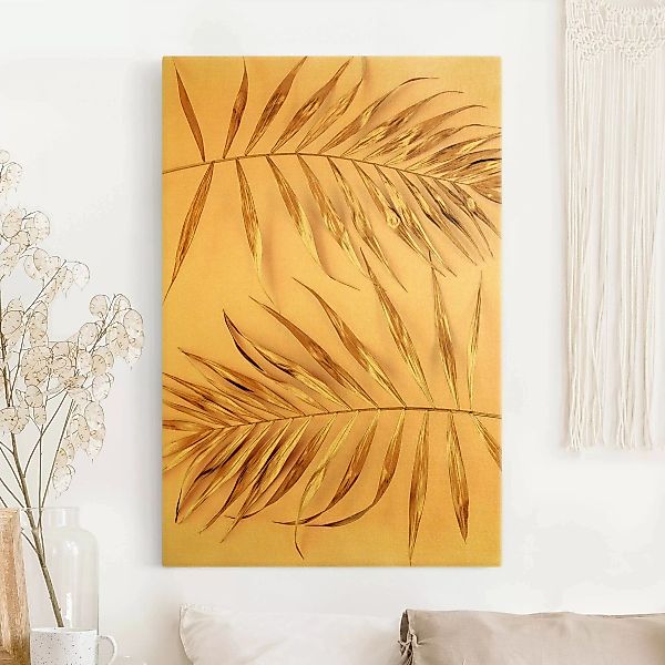 Leinwandbild Gold Goldene Palmenblätter auf Rosa günstig online kaufen