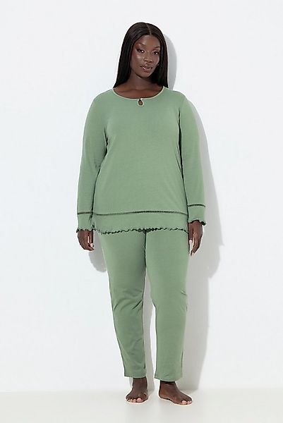 Ulla Popken Pyjama Pyjama Hohlsaum Wellenkanten Rundhals Langarm günstig online kaufen