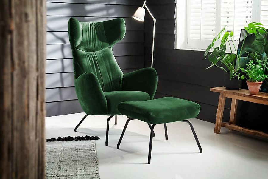 KAWOLA Sessel LOTTE Ohrensessel velvet smaragd mit Hocker günstig online kaufen