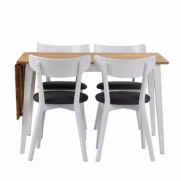 Esstisch mit Stühlen in Weiß Eiche massiv Grau Webstoff (fünfteilig) günstig online kaufen