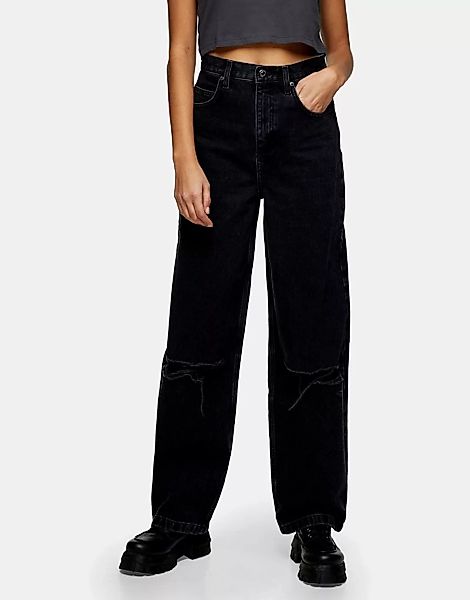 Topshop – Weite Jeans mit doppelten Knierissen in verwaschenem Schwarz günstig online kaufen
