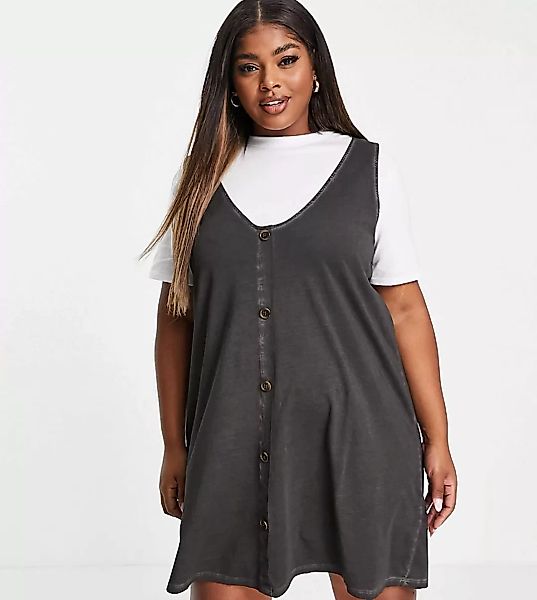 ASOS DESIGN Curve – Kurzes 2-in-1-T-Shirt-Kleid in grauer Acid-Waschung mit günstig online kaufen