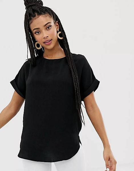 New Look – Schwarzes T-Shirt mit Rollärmeln günstig online kaufen