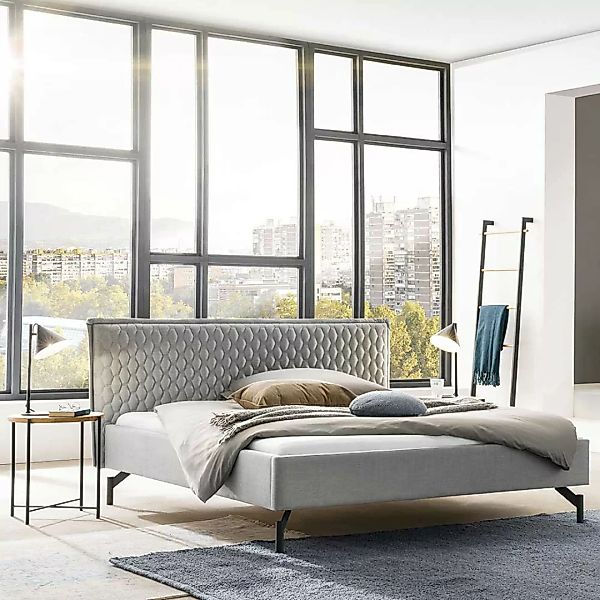 Doppel Bett Stoff Grau im Skandi Design Vierfußgestell aus Metall günstig online kaufen