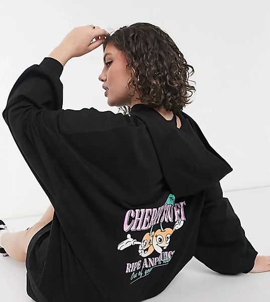 ASOS DESIGN Curve – Schwarzes Mini-Sweatshirtkleid mit Kapuze und „Cherry S günstig online kaufen