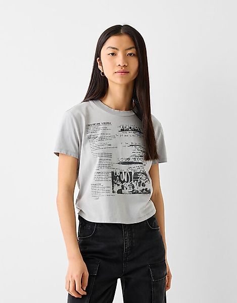 Bershka T-Shirt Im Washed-Look Mit Print Damen L Grau günstig online kaufen