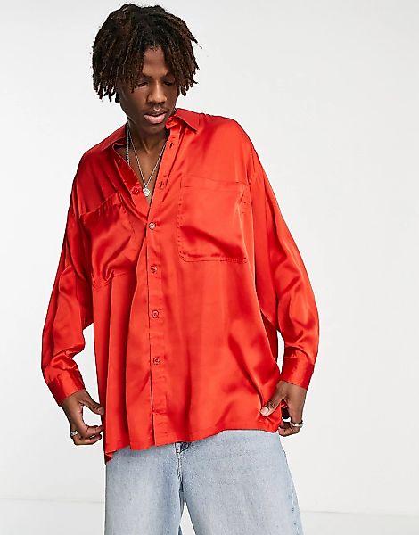 ASOS DESIGN – Extremes Oversized-Hemd aus Satin leuchtendem Rot günstig online kaufen