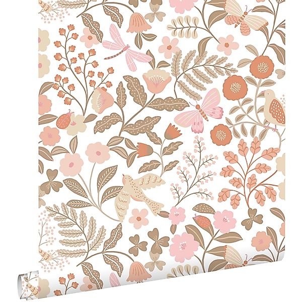 ESTAhome Tapete Blumen und Vögel Terrakotta Taupe und Rosa 53 cm x 10.05 m günstig online kaufen