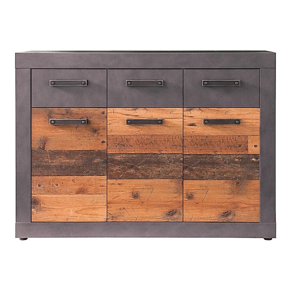 ebuy24 Indy Kommode 3 Türen 3 Schubladen Grau Eiche Dekor Old Wood Dekor günstig online kaufen