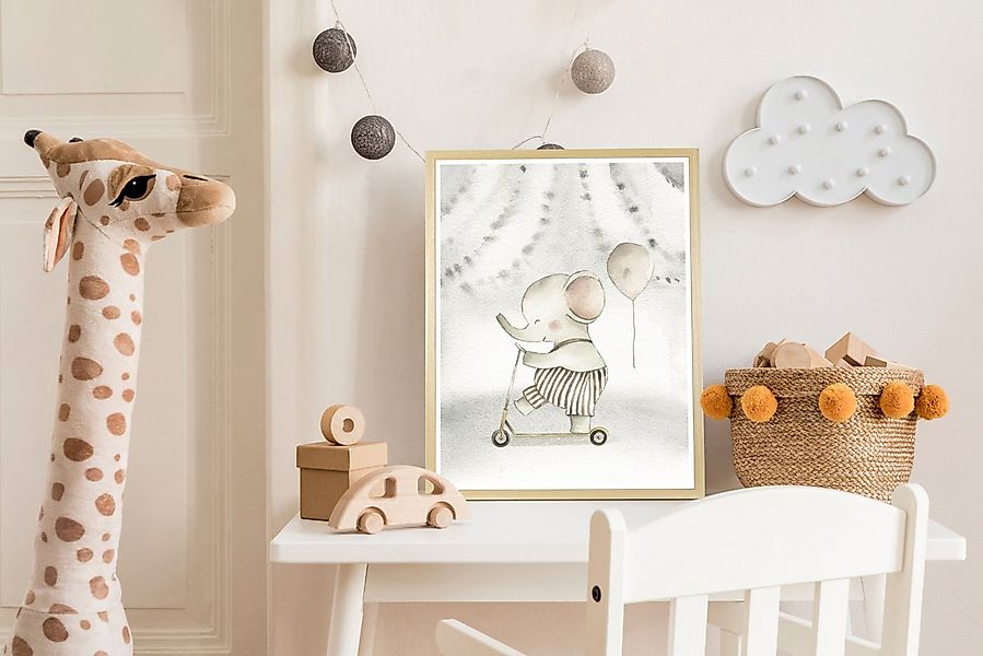 queence Bild mit Rahmen Elefant auf Roller, Elefant, Elefanten, Elefanten B günstig online kaufen