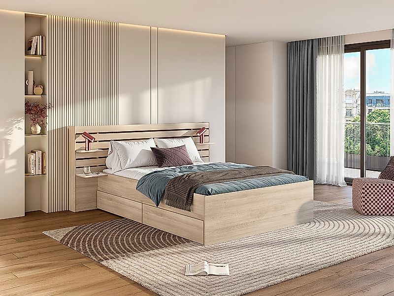 Bett 160 x 200 cm mit 4 Schubladen - Natur + Lattenrost + Matratze - TENALI günstig online kaufen