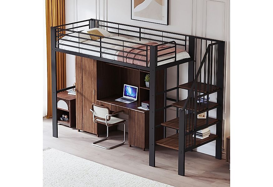 MODFU Kinderbett Hochbett aus stabilem Metall (Metallbett mit Treppe & Stau günstig online kaufen