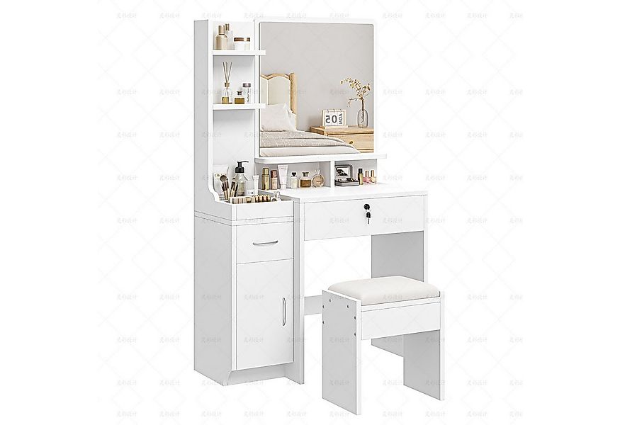 Dripex Schminktisch mit Spiegel, Hocker und Schubladen, Weiß, 87 x 38,3 x 1 günstig online kaufen