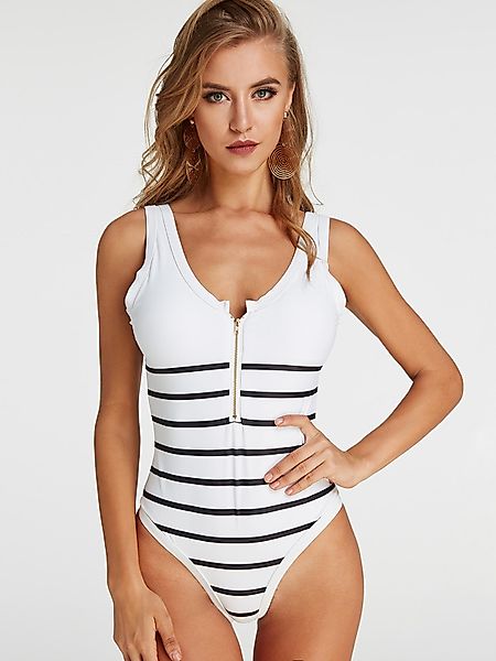 White Stripe Scoop Neck Zip Design Badeanzug günstig online kaufen