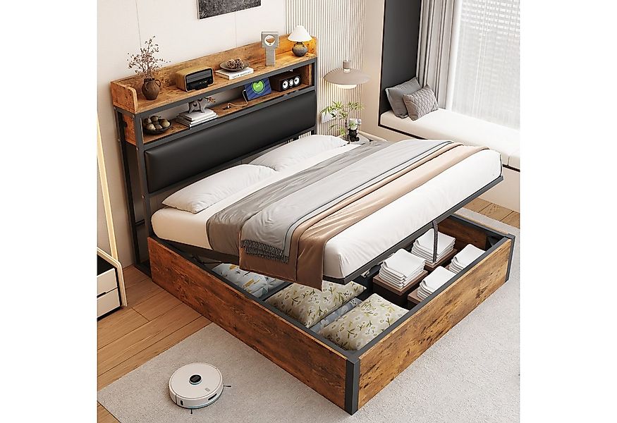 Flieks Holzbett, Hydraulisches Stauraumbett Metallbett Doppelbett 140x200cm günstig online kaufen