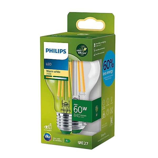Philips LED-Leuchtmittel ultraeffizient E27 Glühlampenform 4W 840lm Klar günstig online kaufen