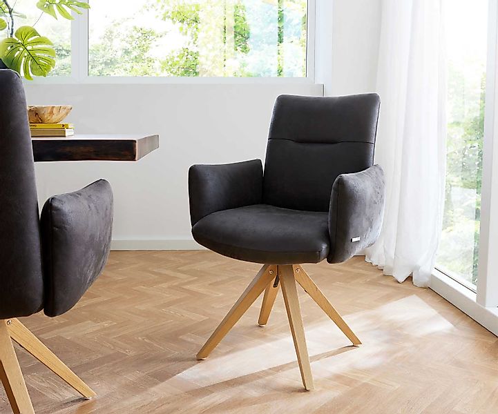 Drehstuhl Jova-Flex mit Armlehnen Mikrofaser Anthrazit Vintage Holzgestell günstig online kaufen