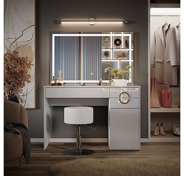 Vicco Schminktisch Adela, Weiß Hochglanz, 115 cm mit LED Spiegel und Hocker günstig online kaufen