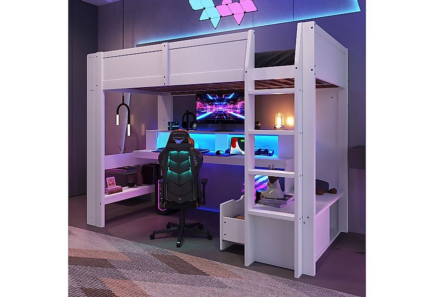 Flieks Hochbett Kinderbett 90x200cm mit LED, Aufladen, Schreibtisch und Sta günstig online kaufen